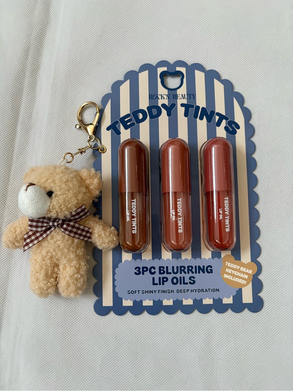 Teddy Tints 3-Pack Blurring Lip Oils with Teddy Bear Keychain - Brown/Red Shades